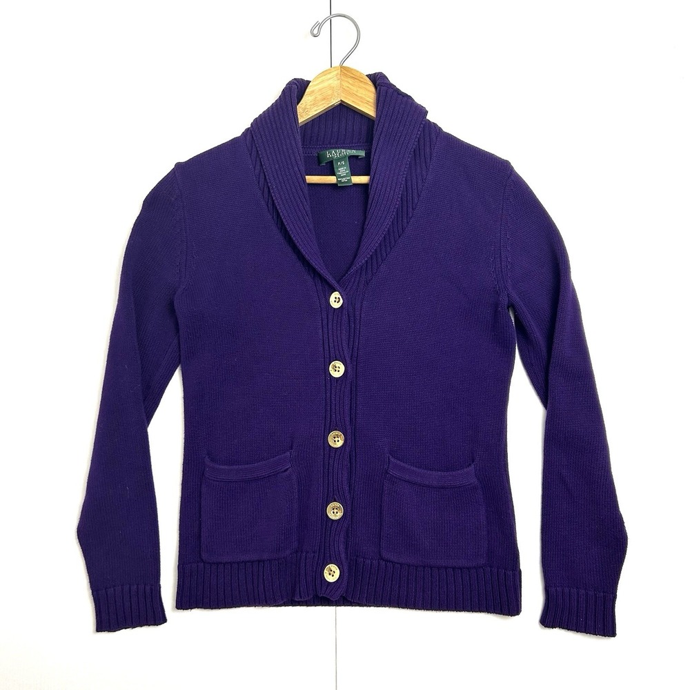 Lauren Ralph Lauren Purple Shawl Collar Sz S Petite Gold Button Front Cardigan